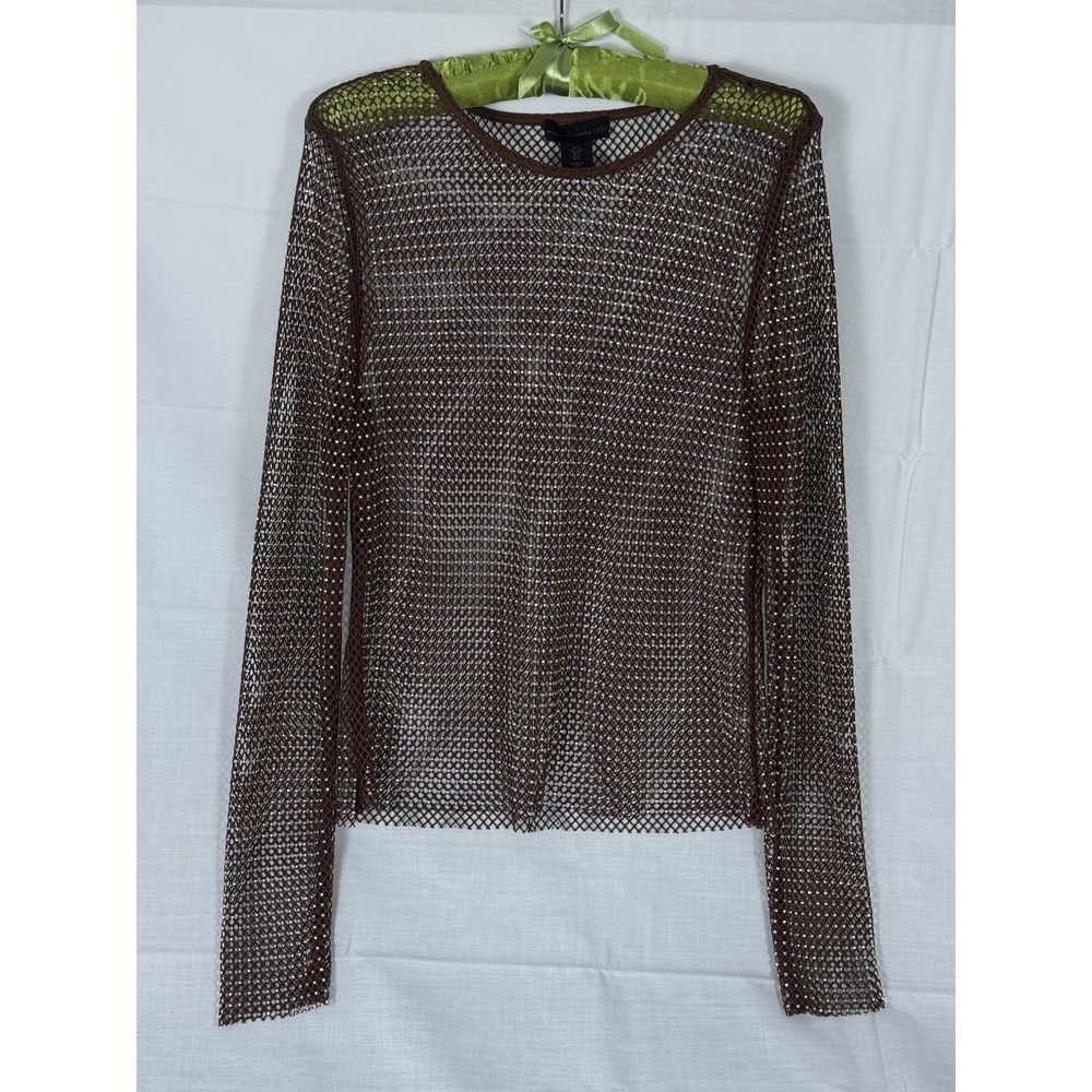 House Of Harlow 1960 Women's Sheer Brown Fishnet Rhinestone Embellished Blouse L
